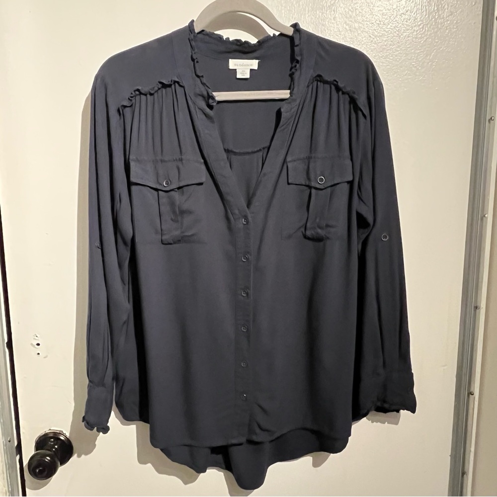 Sundance Navy Blue Ruffle  Button Down Top Blouse Shirt Size Petite Small PS